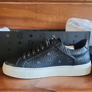 MCM Black and White Sneakers with Textured Leather and Thick Sole